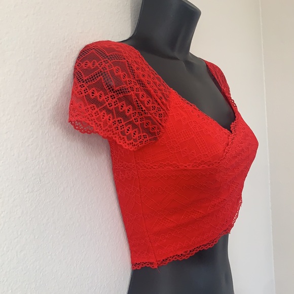bebe Tops Bebe Red Lace Wrap Around V Neck Short Sleeve Crop Top Poshmark